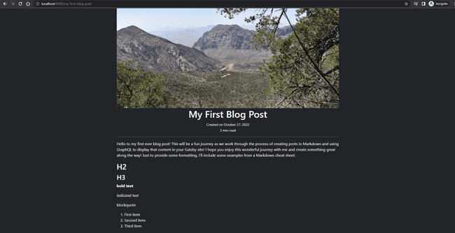 Screenshot of our blog page after adding the rest of the Markdown file content
