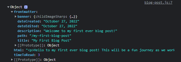Screenshot of the blog-post object logged to the console of your DevTools