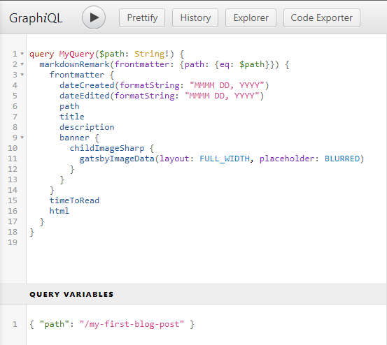 Screenshot of the GraphQL query and variables for your blog post query