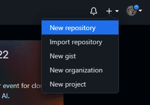Screenshot of New Repository selection in GitHub