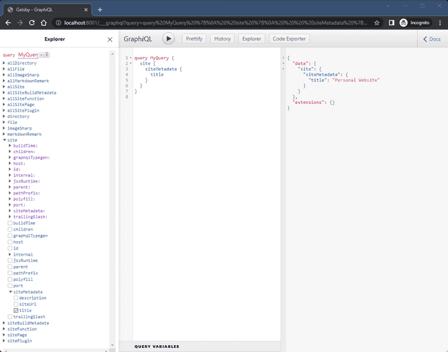 Screenshot of the GraphQL page with a basic query and results